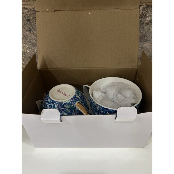 Lilly Pulitzer Mugs Set 2 Blue Floral Gold White Porcelain Coffee/Tea Cups 12 oz - Picture 8 of 8